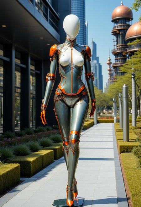 score_9, score_8_up, score_7_up, source_donghua, hyper detailed, high quality v3, (ultra-HD details),Fantasy detailers, Landscape Design, donghua anime, manga, drawing, easynegative
Wide shot of a bald faceless female faceless mannequin cyborg with a steampunk aesthetic, her sleek, metallic body adorned with intricate brass and copper accents, polished gears, and exposed cybernetic joints. Her design blends vintage sophistication with futuristic elegance, featuring ornate engravings and glowing orange accents on her limbs.
Mannequin is wandering at the moriguchishi scenery, outdoors of a futuristic eco city, with beautiful delicated gardens and parks mixed with high modern skyscrapers, green vegetation all along landscape, 
- Midday, sunny day, hard light, hard shadow, 
- Subtle beams of light fall through the scene, reflections from high buildings.