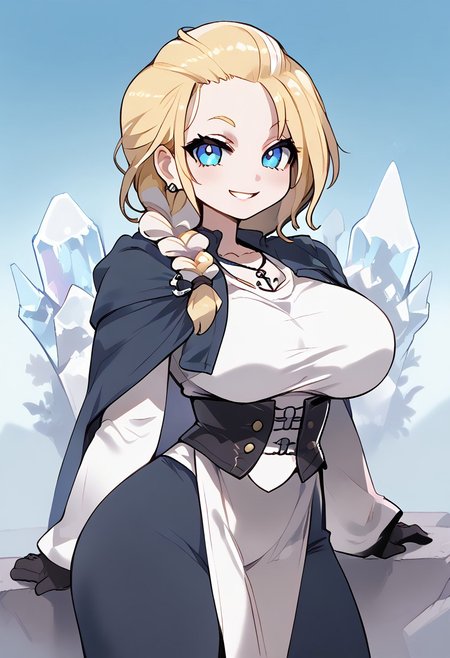 score_9, score_8_up, score_7_up, BREAK, chibi, c4toony style, 1girl,  extra young woman, bimbo,  eyes, face, neck, cute smile, bimbo,   
huge breasts, extra skinny, (extra narrow waist:1.3), legs, belly, portrait, standing, pov, looking at viewer,  
Jaina Proudmoore. white hair, blonde hair, streaked hair, single braid, blue eyes, anchor necklace,Horde tattoo, piercing,
corset, single pauldron, cape, cropped jacket, detached sleeves, (single gauntlet:0.9), gloves, blue pants, long skirt, belt pouch, pelvic curtain,
 BREAK, detailed face,   ice background, castle background,