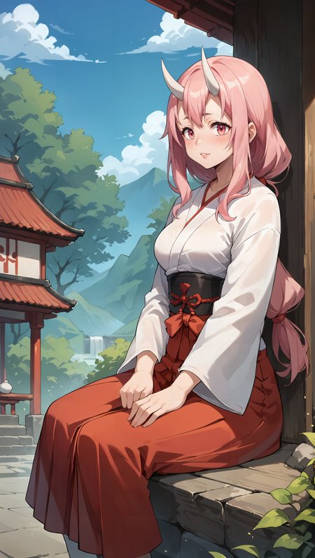 score_9,score_8_up,score_7_up,score_6_up, source_anime, zPDXL, <lora:Shuna - Pony-000004:0.7>,  girl, low-tied long hair, pink hair, white oni horns, pink eyes, miko, red hakama, <lora:Wakfu_CartoonV02:0.5>, <lora:xl_more_art-full_v1:0.5>, sitting with her back arched, small japanese village, hills, japanese architecture,