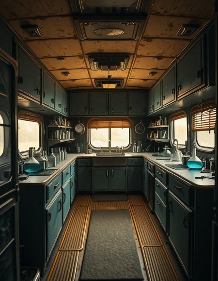 The interior of an old RV converted into a clandestine drug laboratory, inspired by the TV series Breaking Bad. The space is cramped and messy, filled with scientific equipment, glass beakers, flasks, burners, chemical containers, and lab tools scattered around. The walls are aged and stained, with peeling wallpaper and old metallic cabinets. A small sink area is cluttered with dirty lab glassware. The lighting is dim and tinted yellow, with sunlight barely filtering through dusty blinds. The floor is grimy, with a mix of rubber mats and worn carpet. The overall atmosphere is tense and gritty, capturing a sense of secrecy and danger. Hyper-realistic style, cinematic composition, rich in textures and shadows.
<lora:SDXLFaeTastic2400:0.4> <lora:extremely_detailed:0.4> extremely detailed,old RV drug l4b0r4t0ry, <lora:old_RV_drug_l4b0r4t0ry-i:1>, Masterpiece,best quality,hi res,8k,hi res,8k,award winning,(sharp focus, intricate, highly detailed),