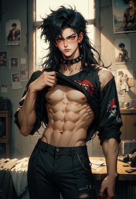 (score_9, score_8_up), score_7_up,
male focus, bishounen, undressing, shirt lift, lifting shirt with hands, toned male, toned, shirt, pants, messy room, metal posters, punk, spiked collar, messy floor, chaotic, solo, blushing, embarrassed, black hair, shaven sides, long hair, punk, flustered, black nail polish, retro  <lora:nostalgia-000011:0.5>
