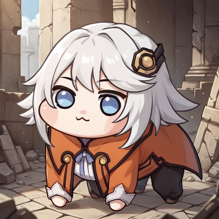 score_9, score_8_up, score_7_up, source_anime, solo, <lora:Doro_X_PDXL_V1:1> doro, creature, chibi, :3, four legs, <lora:RaineToS-pdxl:0.85> defRne, white hair, short hair, blue eyes, orange coat, black pants, long sleeves, ruins