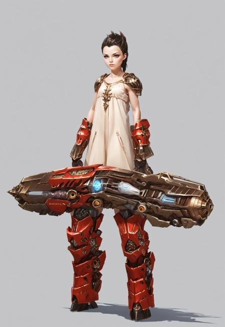 score_9, score_8_up, score_7_up, rating_safe, concept art, semi-realistic, 1girl, solo, Sci-fi.
Young beautiful face, fit body, 
HHWeapon, Holding weapon, ((Huge weapon)),
Holding weapon with one hand.
Mecha musume. Fantasy gun.
Simple background.