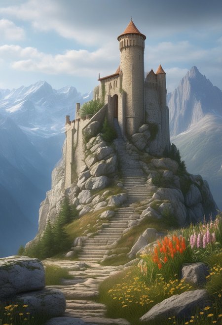a watchtower on a (tall rock spire),  (13th Century:1.5), a stairway to the keep, doorway,  mountain in background, very wide shot, fantasy, atmospheric effects, alpine meadow flowers, best quality, masterpiece, realistic, photo-realistic, amazing, finely detail, ultra-detailed, highres, extremely detailed, 8k wallpaper
