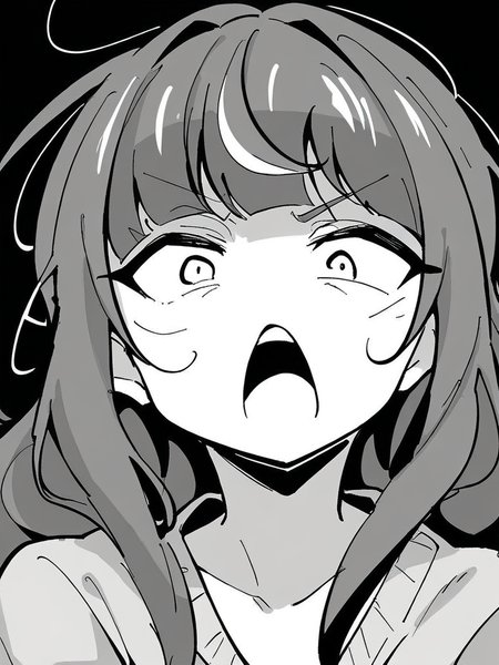 score_9, score_8_up, score_7_up,  
1girl, monochrome, utsuho tk, grey hair, flat chest, long hair,

face, close-up, open mouth, constricted pupils, looking at viewer, frown, black background,