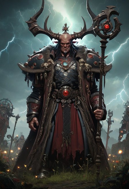 score_9,score_8_up,score_7_up,score_6_up, a nqstrman man in a black and red outfit holding а staff raised above his head Standing in a field in front of hordes of monsters, his long coat billowing when lightning strikes at the his staff. A storm through which faces are guessedgods,ng_deepnegative_v1_75t