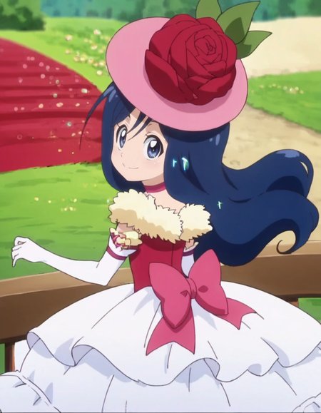 score_9, score_8_up, score_7_up, anime screencap, solo,1girl,from behind, oriharatsumugi, gloves, smile, hat, pink headwear, flower, dress, rose,  elbow gloves, choker,  bow, red flower,  red rose, pink bow,  pantyhose, white gloves, happy, looking at viewer,cowboy shot,small breasts<lora:oriharatsumugi:0.8>