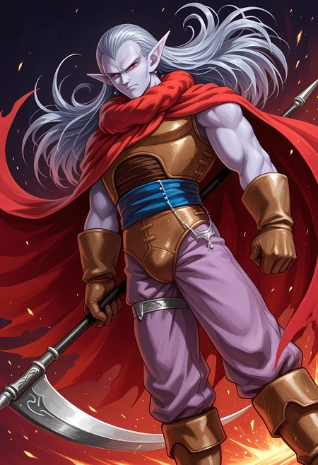 masterpiece, best quality, amazing quality, dutch angle, abstract background, BREAK
1boy, solo, male focus, ct_magus, red eyes, long hair, grey hair, purple skin, pointed ears, scythe, red cape, armor, BREAK
<lora:cfg_scale_boost:.6>  <lora:Magus_-_Chrono_Trigger_-_ILXL:1>