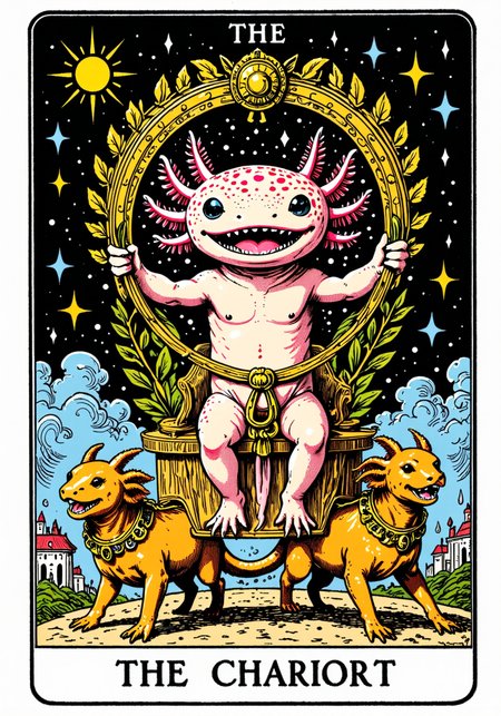 A tarot card with the text "The Chariot," an axolotl in a chariot, two sphinxes pulling, a city behind, a starry canopy, a laurel wreath., axolotl, a tarot card in the style of ck-tc featuring<lora:ck-tarot-000015.safetensors:1.0:1.0> <lora:Axomodel_Flux_V1.1.safetensors:1:1>