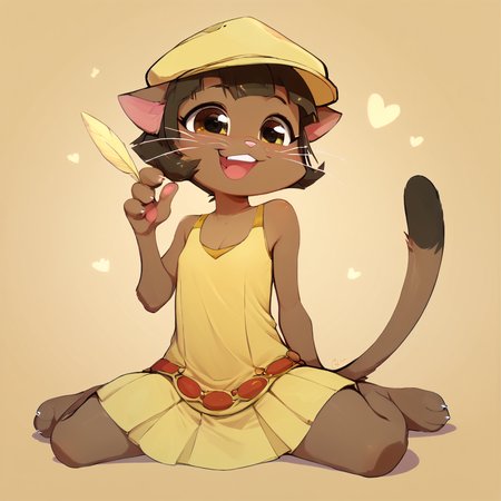 score_9, score_8_up, score_7_up, score_6_up, score_5_up, score_4_up, score_9, score_8_up, low light, solo, 1girl, ovypep,  petite, slender, dark skin, anthro cat, whiskers, small ears, slender tail, cute face, yellow dress from the 20's, big yellow cloche hat with feather, sitting on the floor, rubbing her back, laughing, busy bar,  <lora:Ivypepper:1>SATSUKIITSUKASTYLEBYRR, SATSUKIITSUKA,  <lora:SatsukiItsukaStylebyRR:1>, <lora:more_details:1>  <lora:xl_more_art-full_v1:1> <lora:ugly_style:-1>, ZPDXL