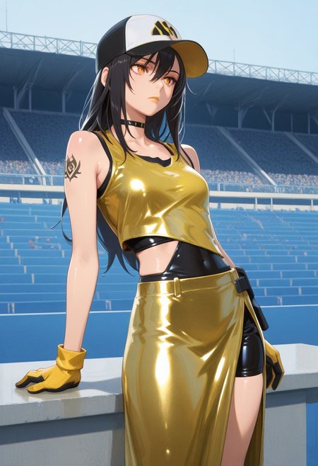 absurdres, masterpiece, best quality, very aesthetic, HDR, 8K, ultra-detailed, anime, 748cmstyle, standing, outdoor, podium, 
1girl, SHSaeko, Outfit2, solo, long hair, black hair, hair between eyes, orange eyes, golden lips, lipstick, choker, tattoo, jewelry, baseball cap, bare shoulders, sleeveless, midriff, bike shorts, yellow gloves, yellow dress, yellow skirt, long skirt, black crop top, black shorts, skinny, skindentation, shiny skin, shiny outfit, expressionless