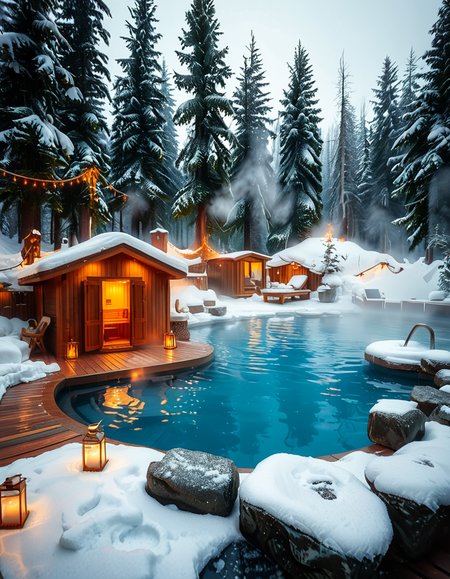 A breathtaking Nordic spa in the heart of a snowy forest, surrounded by tall evergreen trees. The scene captures a steaming outdoor hot pool with crystal-clear water, reflecting the soft glow of ambient lighting. A rustic wooden cabin with a snow-covered roof stands nearby, serving as a relaxation area. Wooden lounge chairs with neatly folded white towels are placed around the pool. A stone pathway, lightly dusted with snow, leads to the water, illuminated by warm, soft lanterns. A few people are seen enjoying the spa, some wrapped in cozy robes while others relax in the steaming water. The atmosphere is serene and tranquil, with mist rising from the hot pool, contrasting with the cold winter air. The lighting is warm and inviting, creating a perfect balance between natural beauty and luxurious comfort.
<lora:SDXLFaeTastic2400:0.4> <lora:extremely_detailed:0.4> extremely detailed, <lora:Nordic_sp4:1>,Nordic sp4, Masterpiece,best quality,hi res,8k,hi res,8k,award winning,(sharp focus, intricate, highly detailed),
