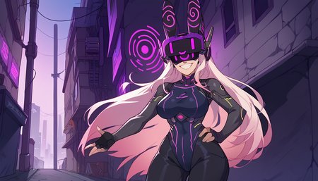 zPDXL,anime artwork score_9,score_8_up,score_7_up,2d,<lora:Huffslove_Style_PonyXL:1>,by huffslove,huffslove,<lora:anime-detailer-xl:1.5>,<lora:Expressive_H-000001:1>,Expressiveh,(source_anime),raytracing,rating_questionable,rating_safe,
solo,1girl, mature female, milf, curvy, tall female, toned, large breasts, 
outdoors, science fiction, futuristic, cyberpunk, cityscape, scenery, alley,
highleg leotard, black pants, leather pants, gloves, elbow gloves, fingerless gloves, <lora:Z-Tech_hypnotic_visorZko_visor-000019:1>,zkovisor,hypnotic visor,helmet,rabbit ears,:),headphone,rabbit ears,:),mind control,hypnosis,
absurdres,white hair, long hair, gradient hair, pink hair, mechanical parts, 
upper body,looking at viewer,cute,attractive,
eye contact,standing, grin, hand on own hip, 
. anime style,vibrant,studio anime,highly detailed,