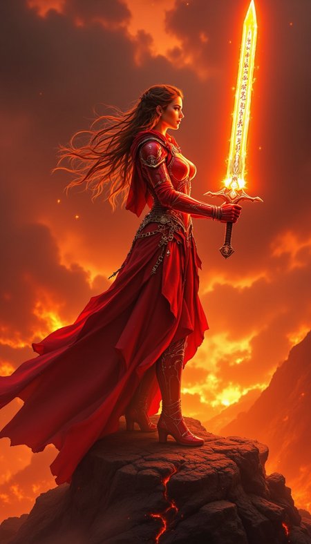 pinkfluxproultrafantasia, 
A woman standing atop a volcanic cliff, her crimson armor glowing with the heat of the lava. She wields a fiery greatsword etched with runes.