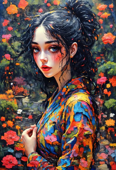 YFG-Liqd, abstract oil painting, vibrant color.
Close-up portrait of a young Asian woman with long hair with a high ponytail, wearing a kimono.
Formal Japanese garden in background.