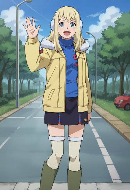 score_9,score_8_up,score_7_up,score_6_up,score_5_up,score_4_up,anime coloring BREAK source_anime,anime,<lora:Tanya_Akulova_Darker_than_Black_Pony:0.7>,tanyadtb,1girl,solo,blue eyes,blonde hair,long hair,earmuffs,blue turtleneck,hooded jacket,black skirt,thighhighs,boots,happy,waving,standing,outdoors,park,road,looking_at_viewer,