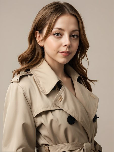 30yo felicitysynthxl, upper body, standing, neutral background, sultry, large breasts, modest,
wearing a trench coat,
