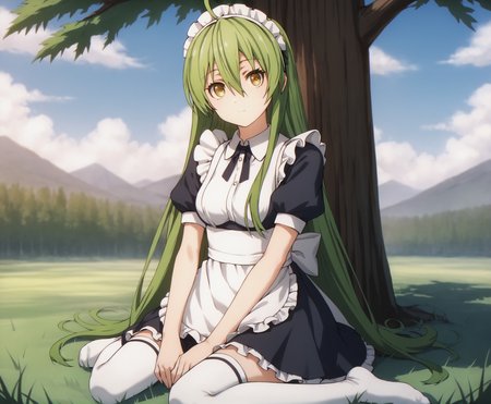 score_9, score_8_up, score_7_up, highres, hi res, best quality, masterpiece, 2d, intricate details, 4k, anime coloring, shadow, uncensored,
1girl, solo, female, long hair, hair between eyes, very long hair, yellow eyes, green hair, ahoge, 
maid headdress, maid, maid apron, frills, frilled dress, frilled skirt, frilled sleeves, black dress, stocking, thighhighs, 
upper body, portrait, looking at viewer, sitting, 
outdoors, on grass, grass, field, depth of field, horizon, field, blue sky, cloudy sky, mountains, forests, tree, <lora:Satori_Tamaba1024_Pony:1>, busou shoujo machiavellism, tamaba satori,