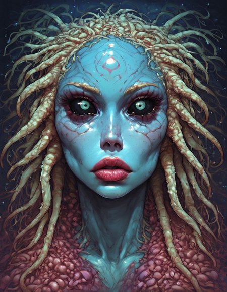 score_9, score_8_up, score_7_up, score_6_up, Expressiveh, very aesthetic, highly detailed, intricate, g0thicPXL, d3t51l3dXLP, s1_dram, eyedetailxl, bettereyes, detailed_eyes, by boris valejjo, by serpieri, close-up portrait, solo female alien, tentacle hair, compound eyes, large eyes, tiny nose, puffy lips, colored skin, turquoise, prominent cheekbones, black sklera, <lora:Pony\cutesexyrobutts_style_xl_goofy.safetensors:0.5:0.5> <lora:Pony\Concept Art Twilight Style SDXL_LoRA_Pony Diffusion V6 XL.safetensors:0.35000000000000003:0.35000000000000003> <lora:Pony\Boris_Valejjo_Style-000003.safetensors:0.7000000000000001:0.7000000000000001> <lora:Pony\S1_Dramatic_Lighting_v2.safetensors:0.3:0.3> <lora:Pony\d3t41l3dXLP.safetensors:0.7000000000000001:0.7000000000000001> <lora:Pony\Concept_Eye_Detail_-_Pony-000001.safetensors:0.6:0.6> <lora:SDXL\mkXLlokr8f-000186.safetensors:0.6:0.6> <lora:Pony\Expressive_H-000001.safetensors:1.0:1.0>