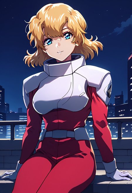score_9, score_8_up, score_7_up,city view, 1 female,night view, moonlight,asagicaldwell, blue eyes, blonde hair, pilotsuit, gauntlet,sitting