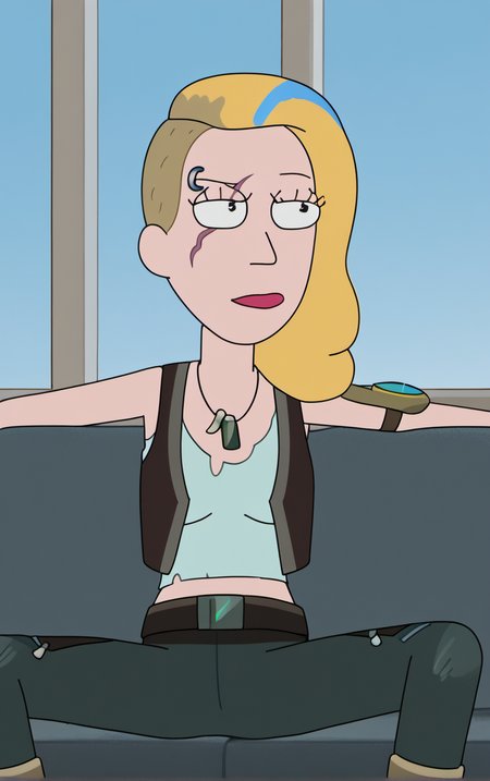 score_9, score_8_up, score_7_up, score_6_up, BREAK
TankTop_SpaceBethSmith_ownwaifu, toon \(style\), 
1girl, blonde hair, black eyes, constricted pupils, multicolored hair, makeup, blue hair, streaked hair, long hair, lipstick, scar on face, piercing, scar across eye, red lips,
jewelry, necklace, vest, tank top, belt, pants, midriff, green pants, sleeveless,
(sitting, spread legs), couch, window shade, <lora:PONYXL_MOM_SpaceBethSmith_ownwaifu:0.9>,
 depth of field, light particles,
