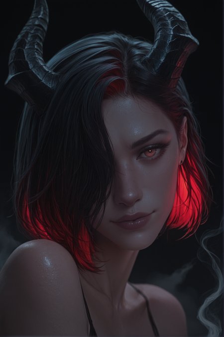 dramtic lighting,HDR,8K,high contrast,masterpiece,best quality,amazing quality,very aesthetic,high resolution,ultra-detailed,absurdres,(Aroma Sensei:0.6),by (incase:0.55),(Shexyo:0.35),(leo-dont-want-to-be-a-painter:0.9),1woman,DEMON GIRL,Colored Inner Hair,BLACK HORNS ON HEAD,(multicolored hair, (BLACK hair:1.05), (RED hair:0.95):1.05),Hair over one eye,SHORT HAIR,Orange eyes,(HEAD TILT:1.2),pink lips,half closed eyes,GLOSSY LIPS,black background,smoke background,glowing eyes.,cinematic_angle,looking at viewer,Seductive smile,stretch,bust,Vintage_Filter,Color_Splash,((((depth of field:1.1)))),<lora:aidmaImageUpgrader-v0.3-IL:0.8>,aidmaimageupgrader,