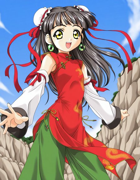 general,highres, ultra-detailed,very aesthetic,best quality ,best hands,  BREAK <lora:Kounyan_Spiral_NAMI_IS:1>Kounyan, black hair, long hair, double bun, hair bun, bun cover, yellow eyes, ribbon, earrings, flat chest, green jewelry, chibi,
1girl, solo, chinese clothes, china dress, red dress,  open mouth, long hair, smile, detached sleeves, green China pants, 
rocky place, blue sky, aura, aura effect,