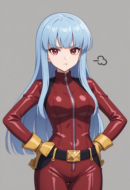 kula diamond, 1girl, solo, long hair, blue hair, gloves, breasts, zipper, red eyes, bangs, chaps, red lavender bodysuit,  gloves, gold gloves,  mechanical gloves,belt, covered navel, hands on hips, looking at viewer, annoyed, pout, :t, closed mouth