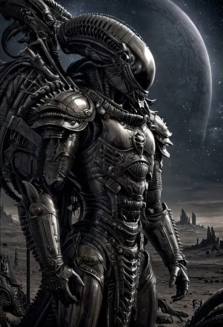 An insanely Detailed Divine Xenomorph, Golden and silver in color, a crimson tinge to the golden color, Hyperdetailed, Omnipresent, Beautiful, Sinister overtones, otherworldly,((masterpiece, best quality)), fantasy, solo, 1 alien knight, silver armor chestplate with silver medieval ornaments and runes, galactic night sky background, perfect composition, sidelighting, outdoor, in a duster standing alone in the desert, art by hr giger,