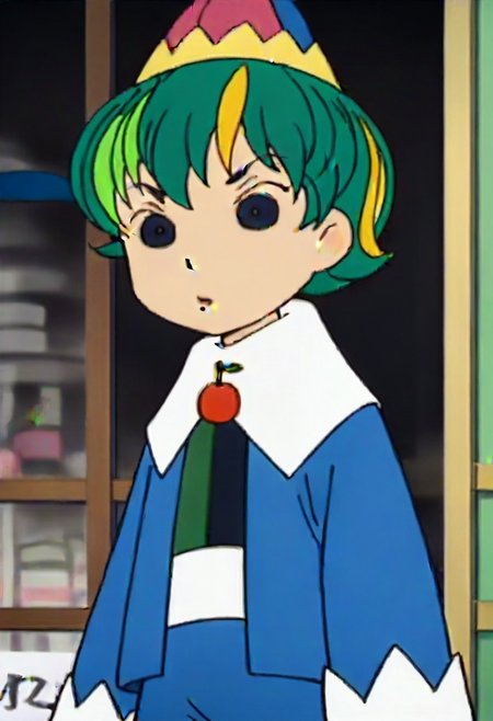 hat, green hair, multicolored hair, long sleeves, short hair, cherry, fruit, 1girl, blonde hair, black eyes,,,,,,,,,,, ,,,,,anime coloring,anime screencap, 1girl,Solo ,, anime,,,,official art, Uncensored ,Unedited ,,,,, ,,,,,,
