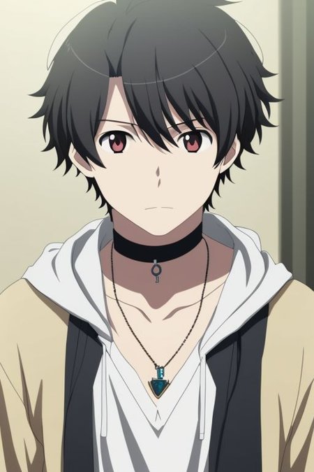 high resolution, solo, best quality, 1Boy, Inaho Kaizuka, Black Hair, bangs, necklace, choker, hair between eyes, Hoodie, OverallDetail