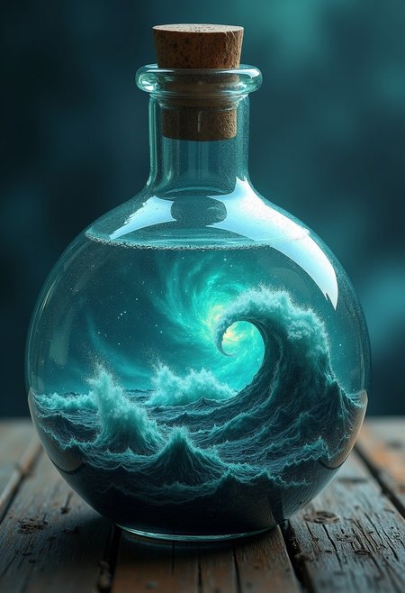 highly detailed image of a galaxy mixed with a raging ocean ,ethereal, grim,intricate design and 
details, encapsulated inside of a big round lab bottle, extremely high quality image, HDR, fantasy, photo  Centered in Perfect Composition, Complex Details Showing Unique and epic Elements, Very Detailed Digital Painting, Dramatic Lighting, Very Realistic, dark space, turquoise hue
