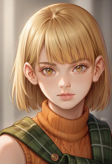 <lora:ashleygraham:0.9>, ashleygraham, photorealism, 1girl,solo,blonde hair,bob cut,bangs, golden eyes,orange turtleneck,sleeveless,brown sweater over shoulder,,green plaid skirt,brown belt, ,,,