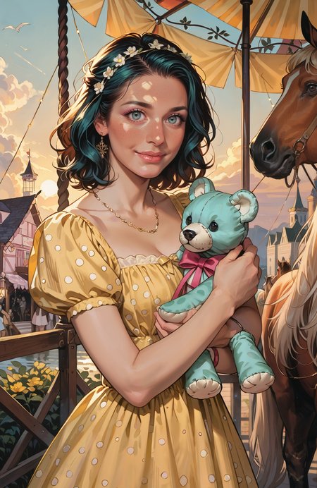 score_9_up, score_8_up, score_7_up, Casual, shiny skin,cell_shading, detailed, detailed background, detailed face, shiny skin, masterpiece, best quality, highly detailed, (realistic face:1.2), 
1girl, seaside carnival environment, sunset environment, whimsical theme, warm light from colorful fairground lanterns, leaning against a carousel horse, gentle warm lighting
BREAK
carousel with hand-painted horses, string lights overhead, candy floss stand in the distance, colorful pennants swaying gently in the breeze
BREAK
1girl, medium hair, loosely tied back with a ribbon, dark teal hair, playful style, yellow sundress with white polka dots, dreamy emotion, looking off into the distance with a soft smile, holding a small stuffed toy, 
 (ultra realistic, 32k, masterpiece:1.2), (high detailed skin:1.1), (high quality:1.1) <lora:incase-ilff-v3-4:0.4>