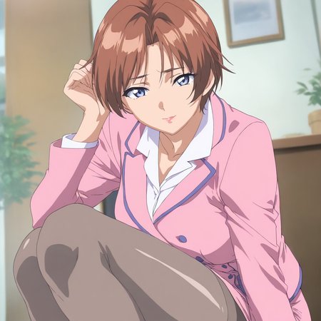 solo,looking at viewer,masterpiece,high score,great score,absurdres,anime coloring,<lora:Ayano_Kashiwagi ag4o v1:1> ayano_kashiwagi, brown hair, short hair, blue eyes, mature_female,skirt suit,long sleeves,pantyhose,