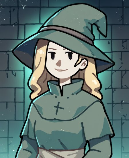 score_9,score_8_up,score_7_up,score_6_up,score_5_up,score_4_up,
1girl,standing,blonde hair,black eyes,light smile,no sclera,
looking at viewer,
mage,green robes,hat,
standing,upper body,
night,dungeon,
<lora:DiceFoldXL-12v6MX:1>,
