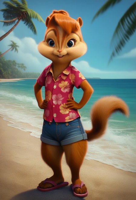 score_9, score_8_up, score_7, score_6, detailed background, beach, palm trees, ocean, brittany miller, chipmunk, furry, short ears, pink Hawaiian shirt, jean shorts, sandals, standing, hands on hips, looking at viewer, front view, cute smile, 6 inches tall