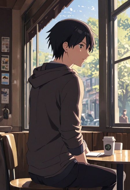 (((masterpiece))), (((best quality))), (((window views))), (((from behind))), (((from side))), Highres, Masterpiece, High Quality, 4K, 8K, solo, 1Boy, Takaki Toono, adult, black hair, short hair,  cafe, corner cafe, room corner, corner room, hang out, tables, chairs, sofas, pillows, window views, comfortable, coffee cups, casual wear, small simple necklaces, bracelets, watches, easynegative, detailed_eye_model