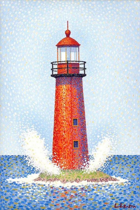 geoseu1 pointillist painting.
a red lighthouse on a small island in the middle of a body of water. The lighthouse is painted in shades of red, with a black railing around the top of the lighthouse and a white light at the top. The light is surrounded by a blue sky that is filled with white clouds. The water is splashing around the lighthouse, creating a splashing effect on the surface of the water.  <lora:geoseu1_cap_d6a3e12:1.0><lora:821038494186081025:0>