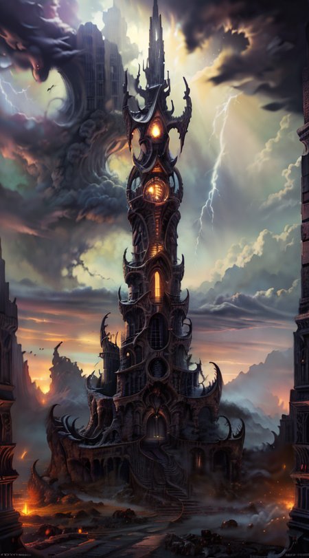 Gothic style, 
Horror-themed, 
Masterwork Painting, Magnum Opus, 
HDR photo of 
 <lora:Wizard_Tower-10:0.75> witow, castle, cloud, cloudy sky, grass, no humans, scenery, sky, tower, tree, 
 <lora:locon_conceptlightning_v1_from_v1_64_32:1> lghtnngprsn, lightning, storm 
<lora:Hell2_v1.0:0.8> demonic, creatures, fire, city, creepy, lava, volcano, castle,
. High dynamic range, vivid, rich details, clear shadows and highlights, realistic, intense, enhanced contrast, highly detailed,
  highres, 8k, uhd, High Dynamic Range, tonemapping, crisp details,  intricate details, fine details,
. Eerie, unsettling, dark, spooky, suspenseful, grim, highly detailed,
. Dark, mysterious, haunting, dramatic, ornate, detailed