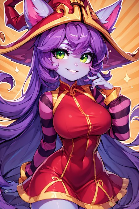 score_9, score_8_up, score_8, (big breasts), (curvy), cute, eyelashes,       BREAK, ,  <lora:LuluLeagueoflegendsPDXL:0.8>, zzLulu, long hair, bangs, animal ears, green eyes, purple hair, colored skin, purple skin, long sleeves, hat, dress, red dress, red headwear, ears through headwear, striped sleeves, yordle,, BREAK, smile, looking at viewer,  abstract background, white outline, cowboy shot, embedding:zPDXL, Expressiveh, <lora:CatalystStylePDXL:0.6>,  <lora:SDXLFaeTastic2400:0.5>,  <lora:Expressive_H-000001:0.4>,