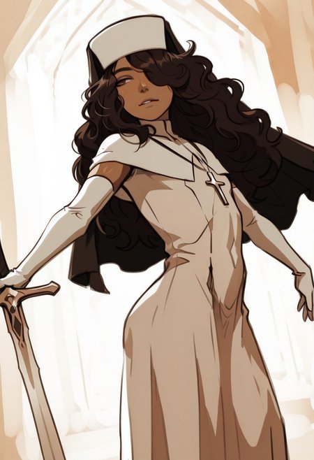 nhl-001, <lora:carlini_illustrious:0.8>, Carlini, dark skin, brown hair, long hair, hair over one eye, brown eyes, habit, nun , nun dress, elbow gloves, sexy pose, dynamic pose,, cinematic, limited palette, realistic, sketch masterpiece, best quality, amazing quality, very aesthetic,
 greatsword, huge weapon, 
multicolored background, orange-white theme