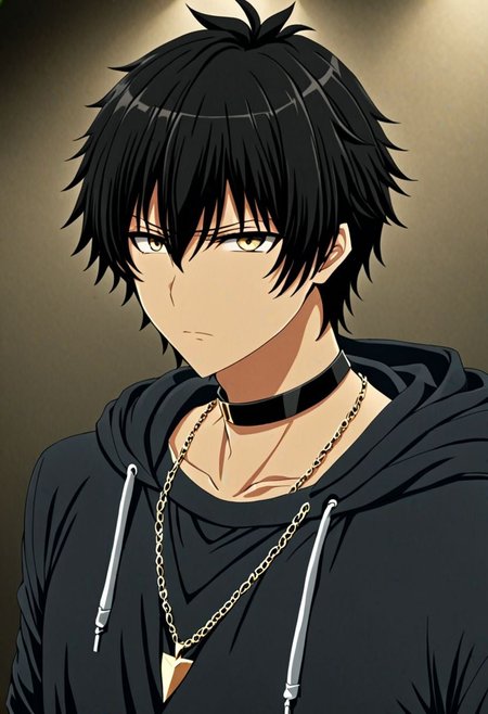 high resolution, solo, best quality, 1Boy, Seiya Kanie, black hair, short hair, bangs, necklace, choker, hair between eyes, Hoodie, OverallDetail