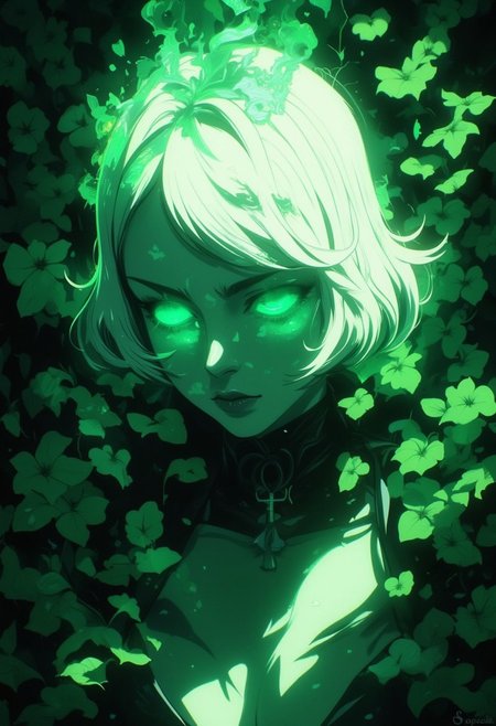 An Acrylic style painting that is expressive, gives it a dynamic and emotional quality. Anime art of a stylized portrait of a woman with a ethereal green mist over her eyes. The mist creates a dramatic and surreal effect. The woman has a cold aesthetic, complimented by her white hair. Anime art of woman draped in shadows with a lighting that enhances her unique features.
The background is dark green, filled with green flower petals.