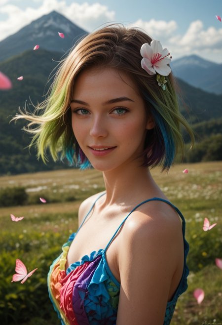 score_9_up, score_8_up, score_7_up, score_6_up, 1girl, 25 years old, perfect face, sexy, (adult:1.2),
(three quarter view), detailed face, portrait, face focus, depth of field, looking at viewer, blush, shy smile, close up,
gradient eyes, multicolored eyes, blue eyes, green eyes,
rainbow hair, short hair, bob cut, butterfly hair ornament, hair flower, floating hair,
rainbow dress, layered dress, frilled dress, sleeveless, 
green nails, 
happy, 
day, outdoors, scenery, mountains, cheery blossom, falling petals, wind,
