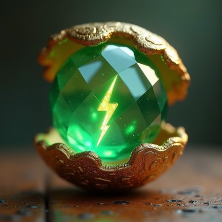 an open golden pokeball with golden trim and leather bottom half, light reflects on the inside showing off facets of the emerald pokeball, 3d lightning bolt in the pokeball