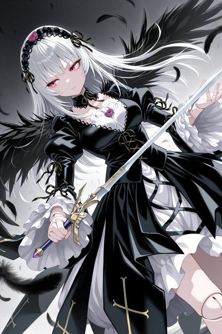 1girl, SuigintouRozenMaiden,
general, solo, dutch angle,
long hair, white hair, red eyes,
eyelashes, doll joints, pale skin,
black hairband, detached collar, black ribbon, black dress,
breasts, cleavage,
frilled sleeves, cross print,
black wings,
looking away, serious, holding sword, winged sword,
black theme, black feathers,
<lora:kp_SuigintouRozenMaidenIllustrious_v1_0:1.0>,
masterpiece, best quality, amazing quality