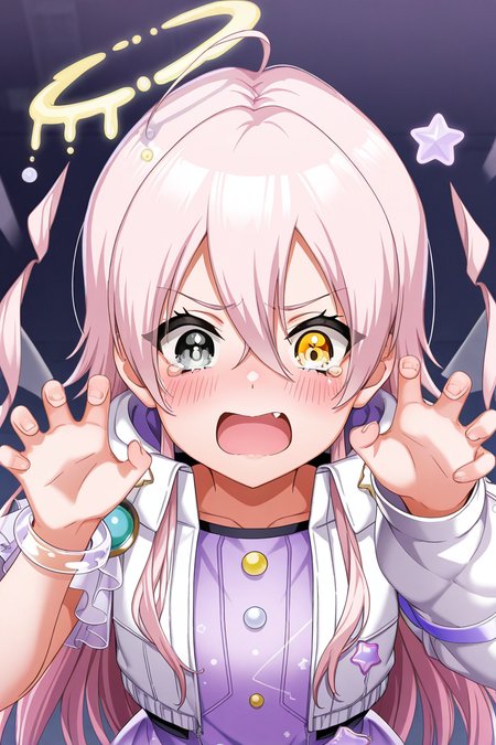 masterpiece, best quality, amazing quality,
 <lora:Lumina_IL:1> lumina, 1girl, pink hair, heterochromia, long hair, open mouth, jacket, blush, yellow eyes, solo, hair between eyes, tears, white jacket, halo, fang, bangs, jewelry, grey eyes, upper body, star (symbol), bracelet, claw pose, dress, ahoge, cosidlsk