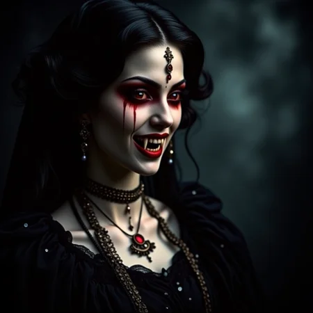 analog film photo Here is a curated set of artistic, dark fantasy portrait prompts featuring vampires and their ghoul servitors throughout history, captured with a focus on aesthetic beauty, red eyes, and pronounced fangs. Each scene is richly detailed, grounded in historical and stylistic context, and composed with painterly lighting and analog-inspired sensibilities. The tone leans more toward haunting elegance and artistic mystique than overt horror or fantasy spectacle.
These are designed for 3/4 and half-body portraits, all with cinematic lighting, expressive poses, and timeless analog moodâa blend of Baroque portraiture, decay, and opulence. <lora:undead denizens v2.2:1> . faded film, desaturated, 35mm photo, grainy, vignette, vintage, Kodachrome, Lomography, stained, highly detailed, found footage