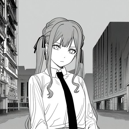 1girl,togawa sakiko,bang dream!,bang dream! it's mygo!!!!!,
1girl,solo,necktie,hair ornament,shirt,black necktie,collared shirt,white shirt,looking at viewer,short ponytail,short hair,day,long sleeves,building,closed mouth,serious,
masterpiece,best quality,amazing quality,very aesthetic,highres,absurdres,<lora:ftstyle-noob11-v3:1>,hatsune miku,twintails,ftstyle,monochrome,greyscale,solo,